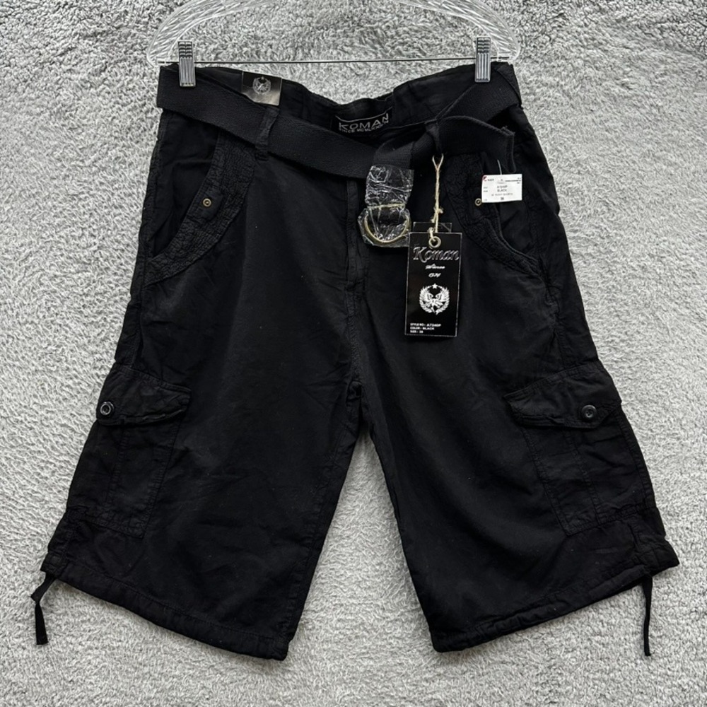 NWT Koman Men's 38 Black Cargo Shorts with Belt Cotton Drawstring Hem Y2K